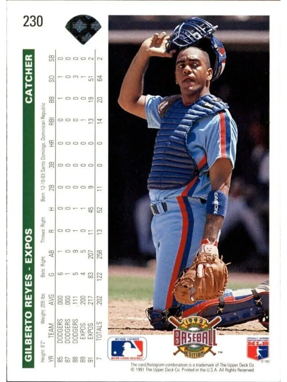 Gilberto Reyes 1992 Upper Deck MLB #230 Baseball Card Montreal Expos